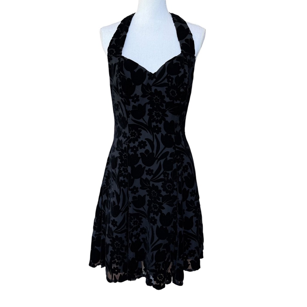 CDC Evening Black Burnout Velvet Floral Halter Dress Sweetheart Neckline Size 10